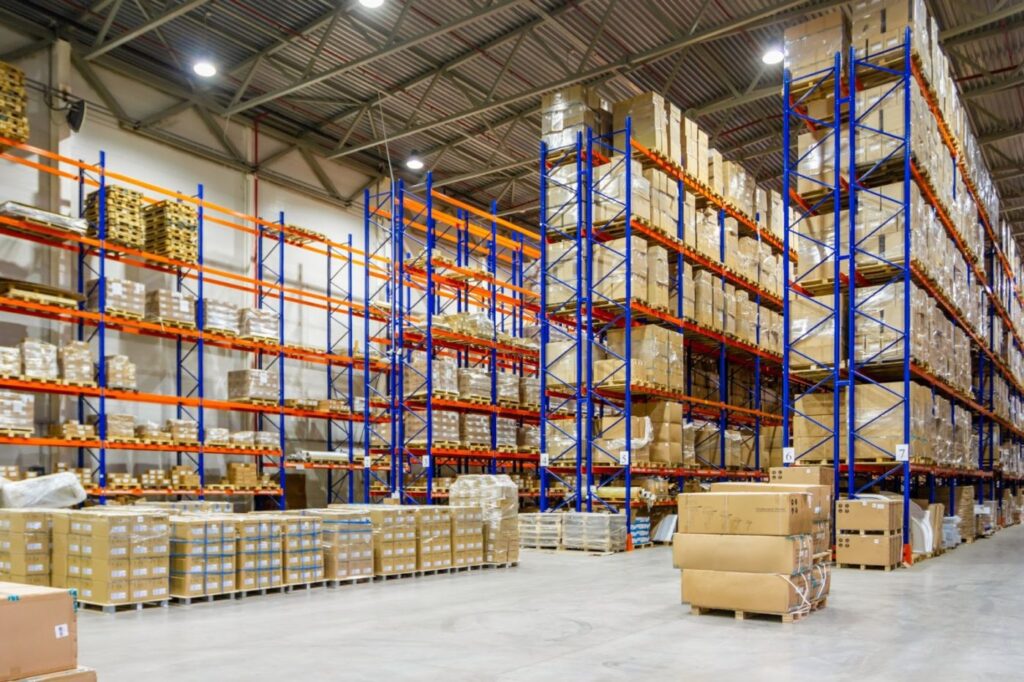 warehouse with pallet racks and boxes